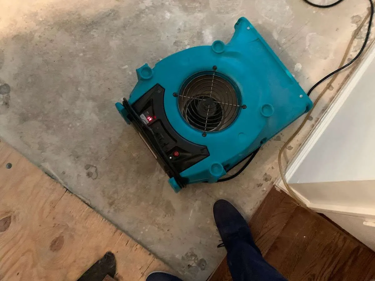 Air mover drying subfloor during Commercial Water Damage Restoration in Naranja